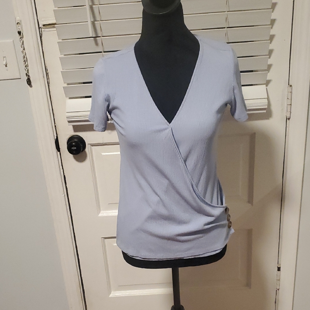 LOFT Soft Blue V-Neck Wrap Blouse